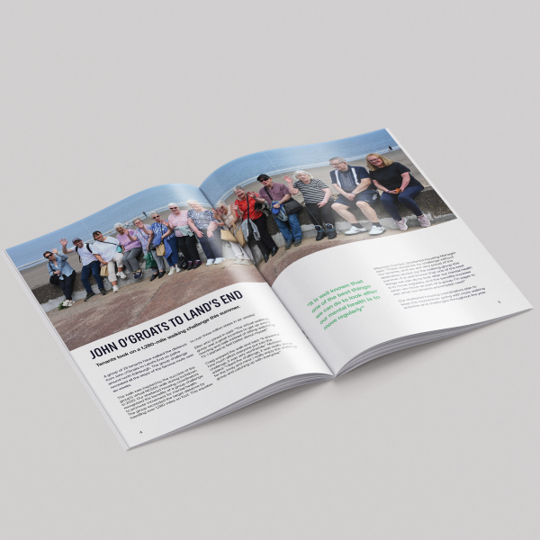 Magazine opened on a page titled John O'Groats to Land's End with a photo of sheltered housing tenants sitting on a wall in Portobello.