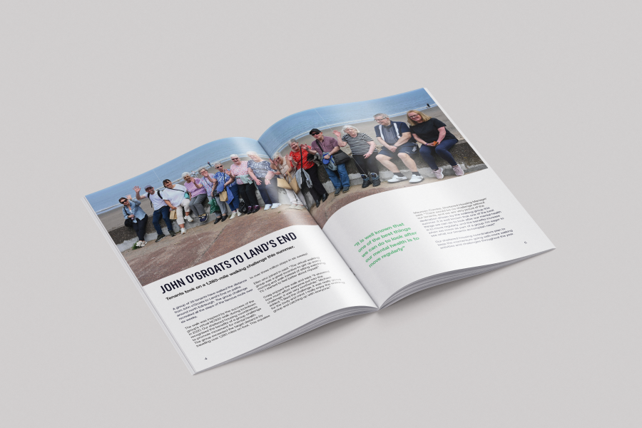 Magazine opened on a page titled John O'Groats to Land's End with a photo of sheltered housing tenants sitting on a wall in Portobello.