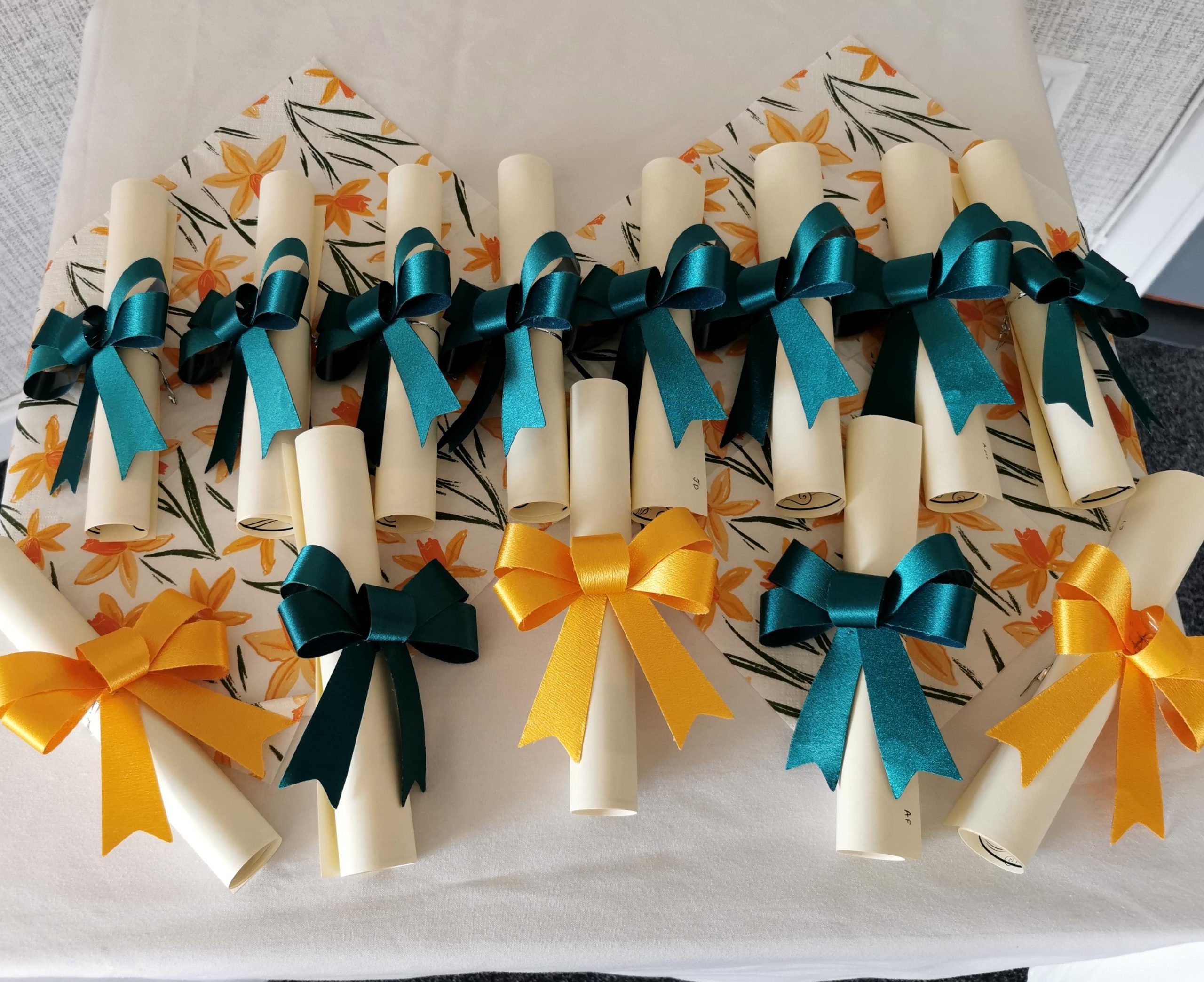 Photo of certificates rolled up and tied with bows.