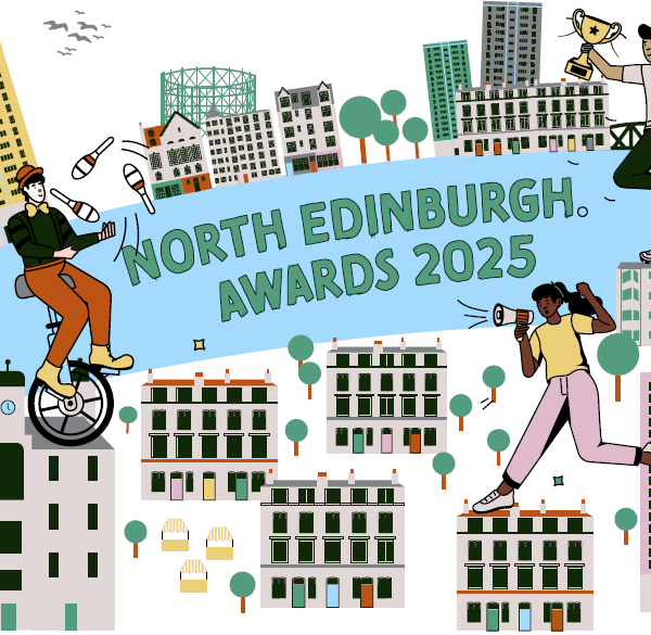 Colourful illustration of Leith showing text 'North Edinburgh Awards'.