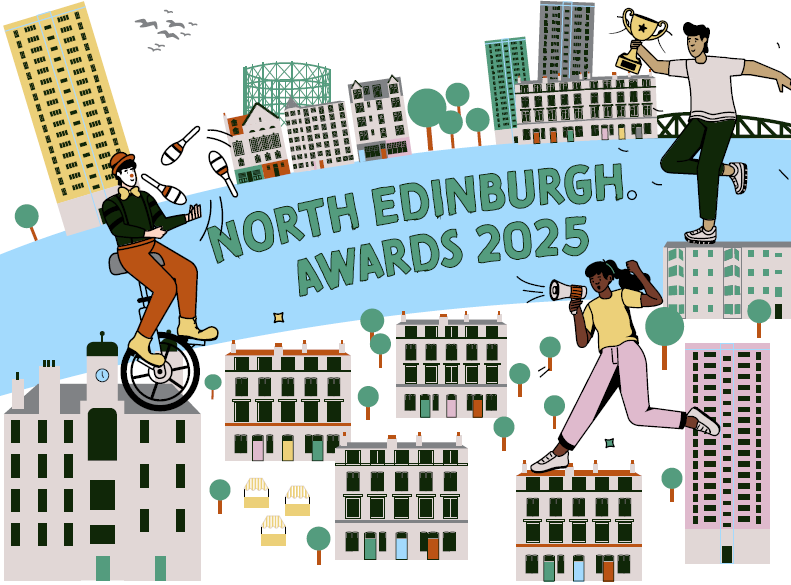 Colourful illustration of Leith showing text 'North Edinburgh Awards'.